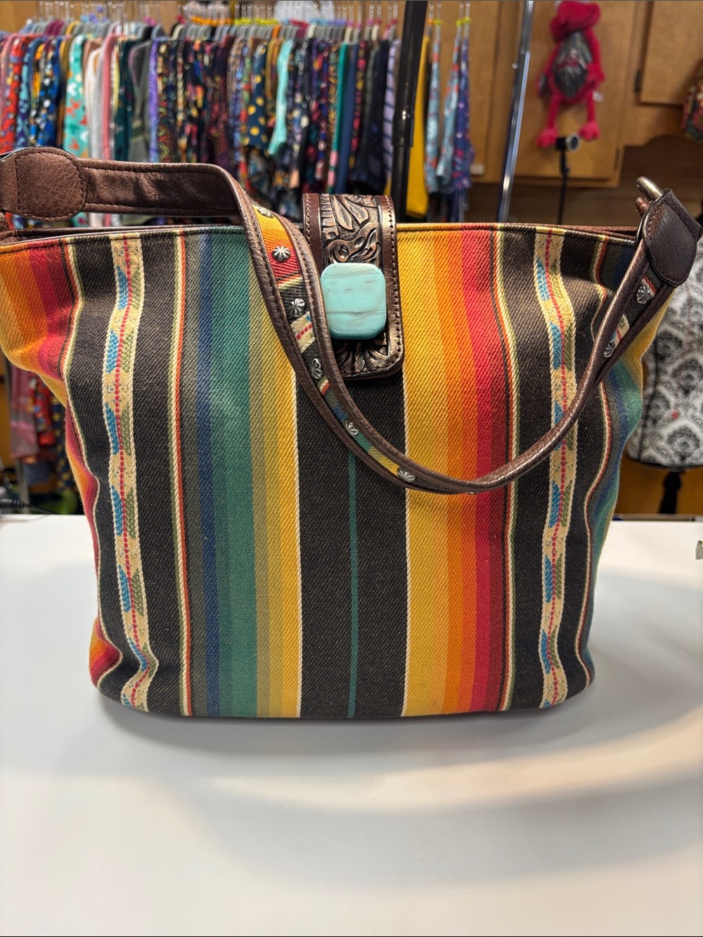 Multicolor Striped Canvas Concealed Carry Tote with Turquoise Accent